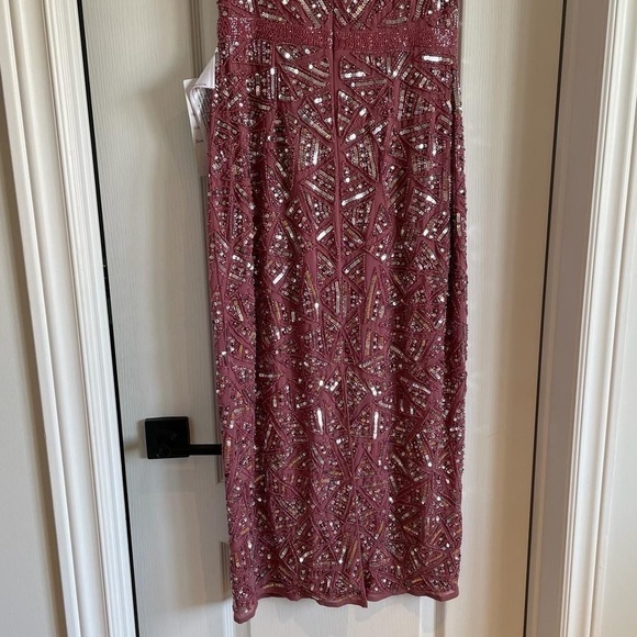 Nwt Mac Duggal Triangle Bead & Sequin Pattern Midi Sheath Dress in Rosewood Pink - Picture 9 of 15
